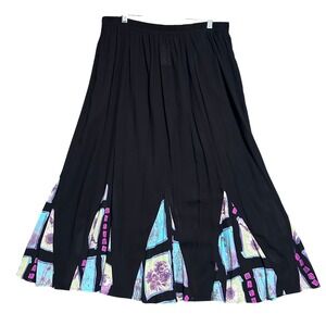 VTG Carole Little 20W Black Maxi Skirt‎ Abstract Print High Waist Bohemian Style